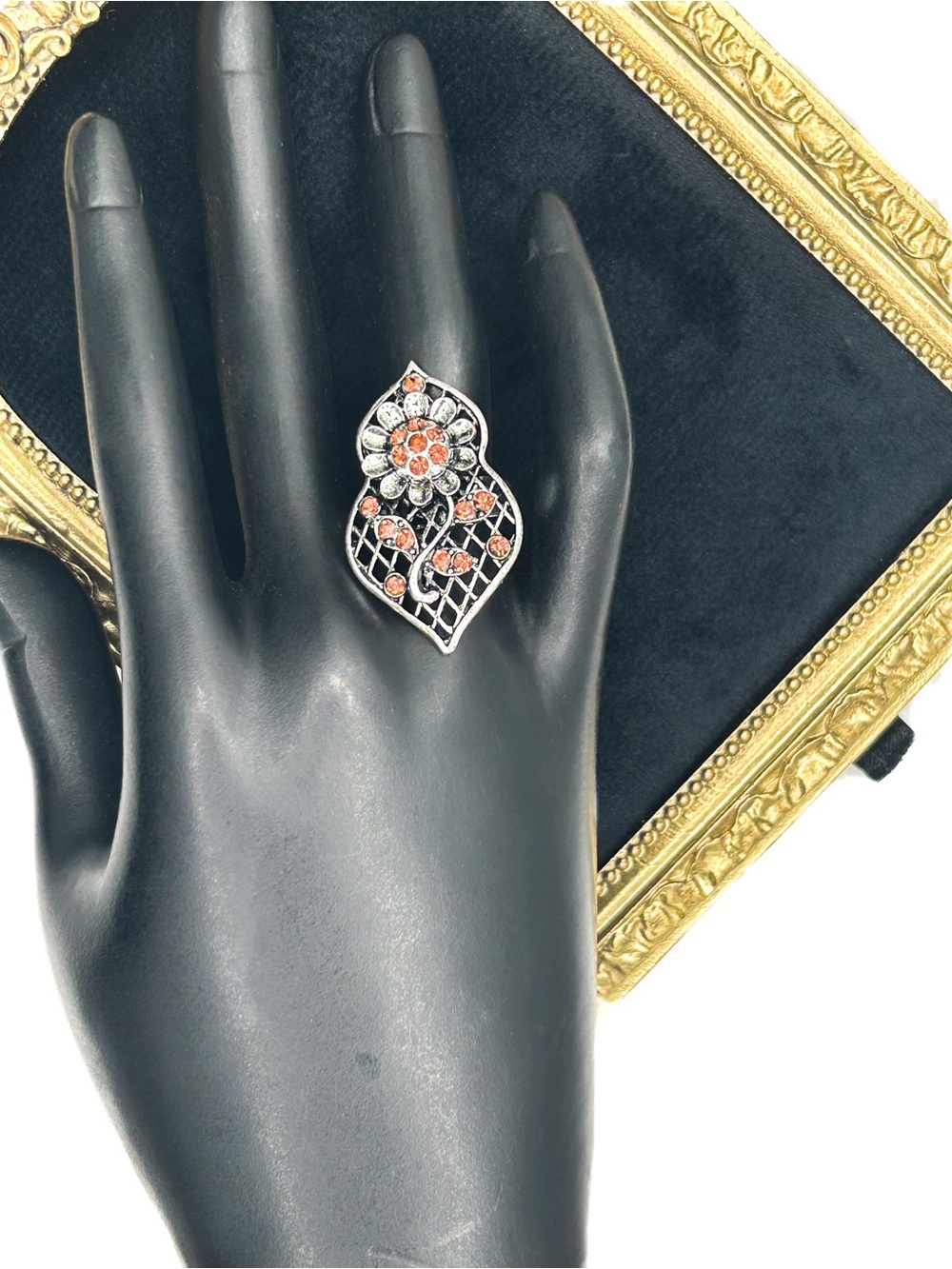 Vintage Silver Tone Flower Statement Ring, Amber Rhinestone Lattice Shield Ring